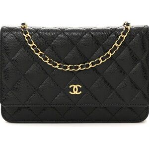 CHANEL Black Quilted Leather Wallet on Chain